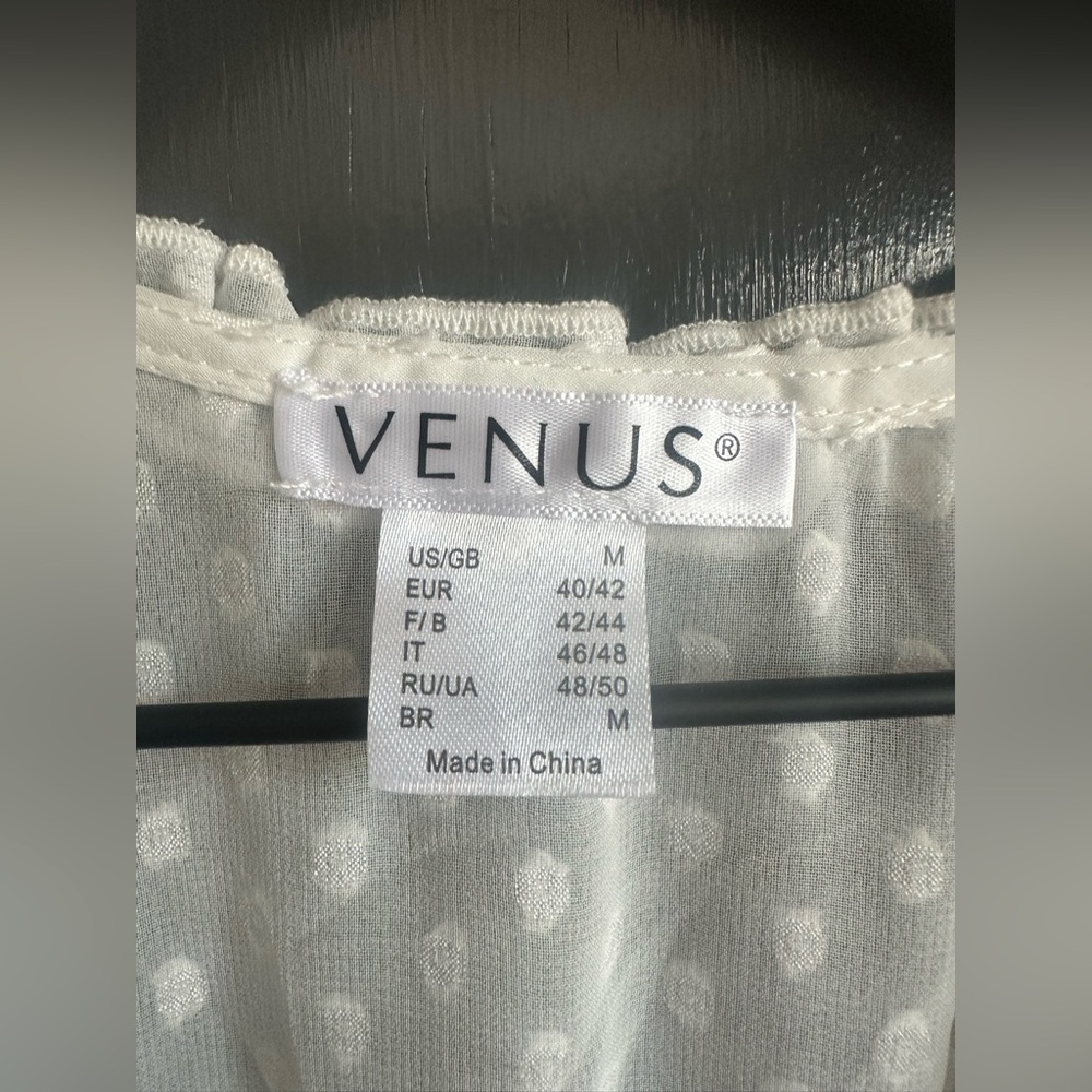 NWOT Sz Med. VENUS. White SwissDot Boho Mini Lace-up Dress w/sheer sleeves - Picture 8 of 9